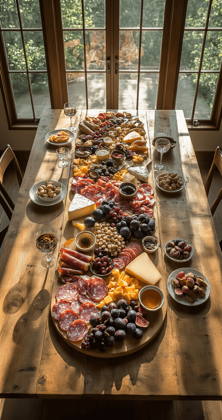 Aerial view of a rustic farmhouse table adorned with a multi-level charcuterie display, featuring cured meats, cheese, figs, and nuts, illuminated by warm afternoon light through large windows. Crystal wine glasses reflect light amidst a rich color palette of browns, purples, and creams.