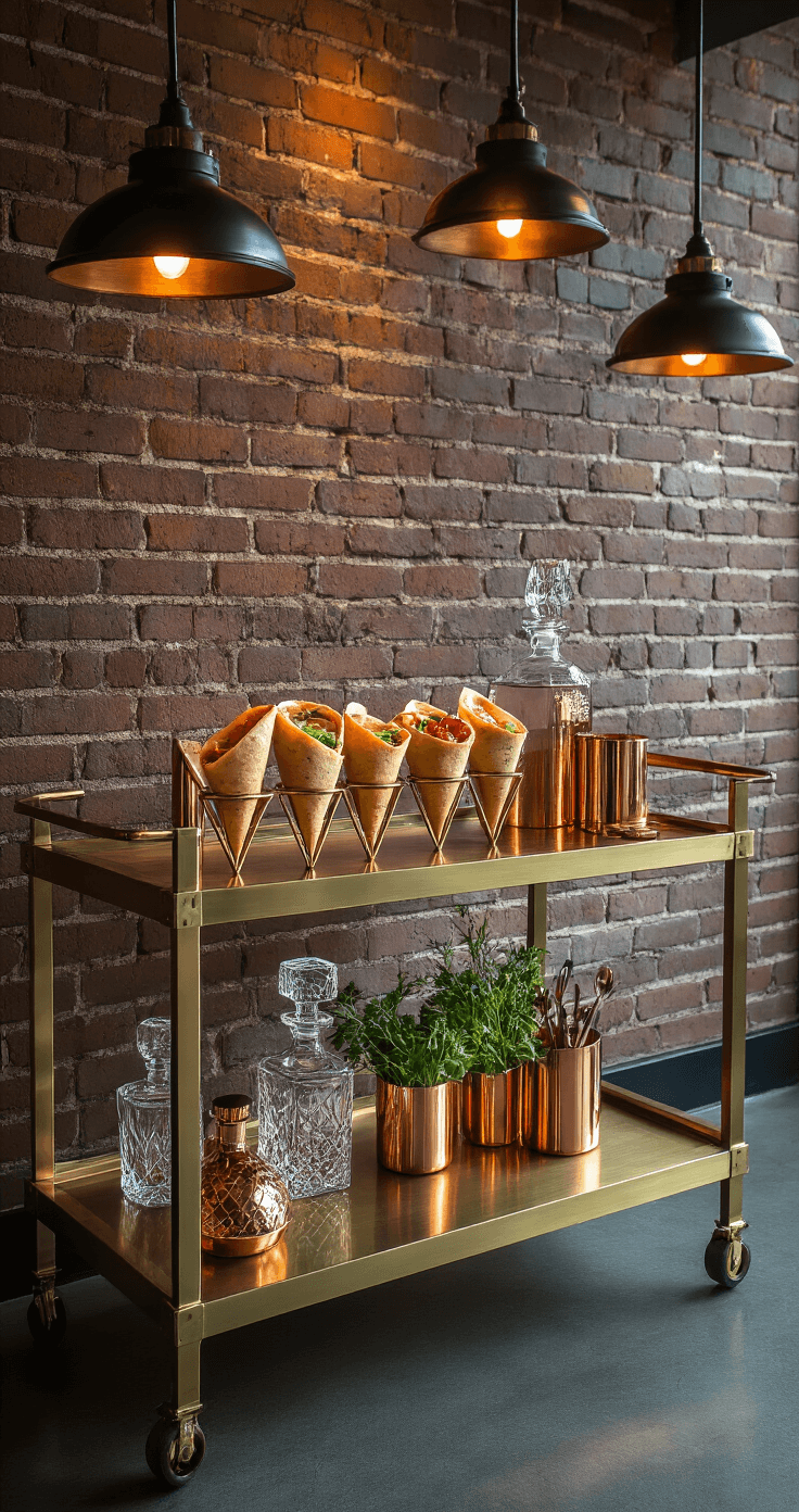 Interior of an upscale cocktail lounge at dusk, featuring a 6-foot brushed brass bar cart against an exposed brick wall, showcasing individual charcuterie cones in geometric brass holders, with moody pendant lighting casting dramatic shadows, and styled with copper cocktail tools and crystal decanters, highlighted by cool blues and warm metallics.