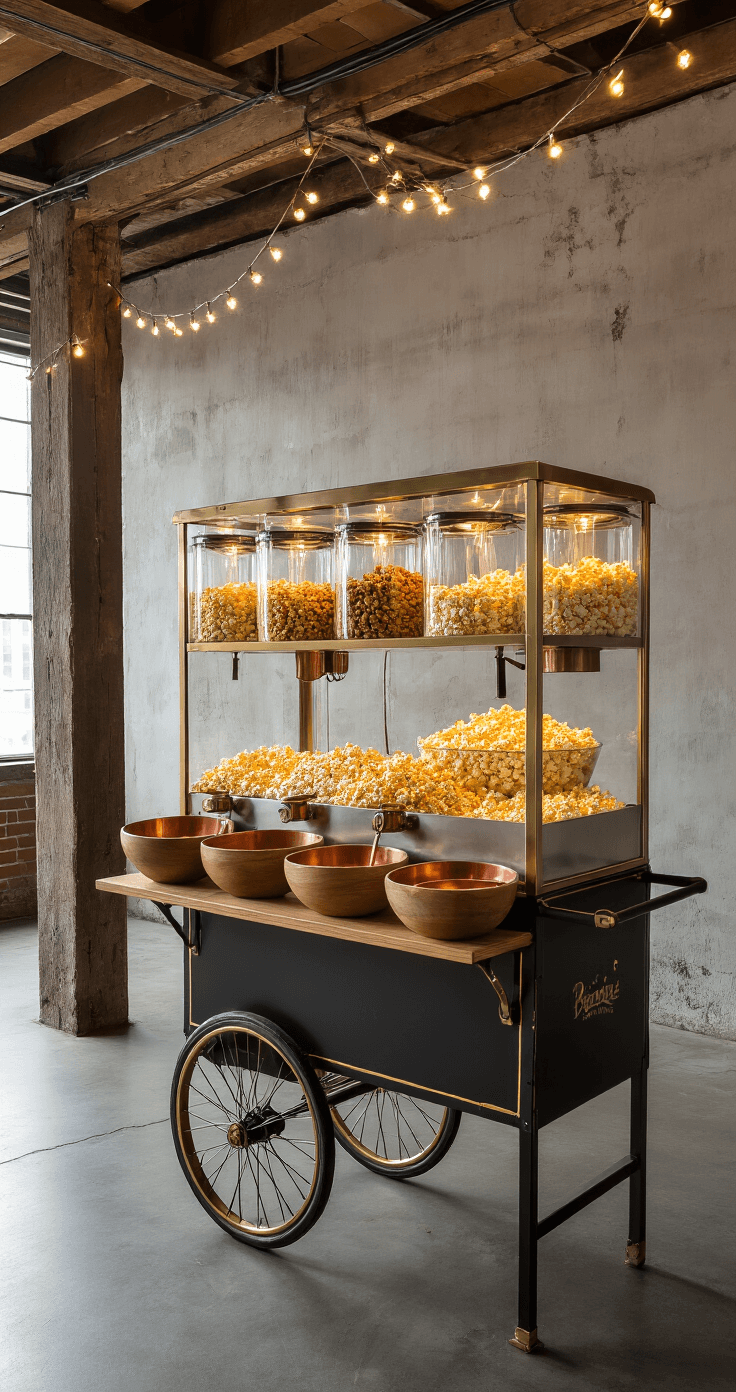 An intimate corner of a renovated industrial loft featuring a vintage popcorn cart with brass detailing, surrounded by glass dispensers filled with flavored popcorn. Wooden bowls and copper scoops add warmth, while string lights enhance the cozy atmosphere against a textured wall. The low angle shot highlights the height of the cart in an evening setting with accent lighting.