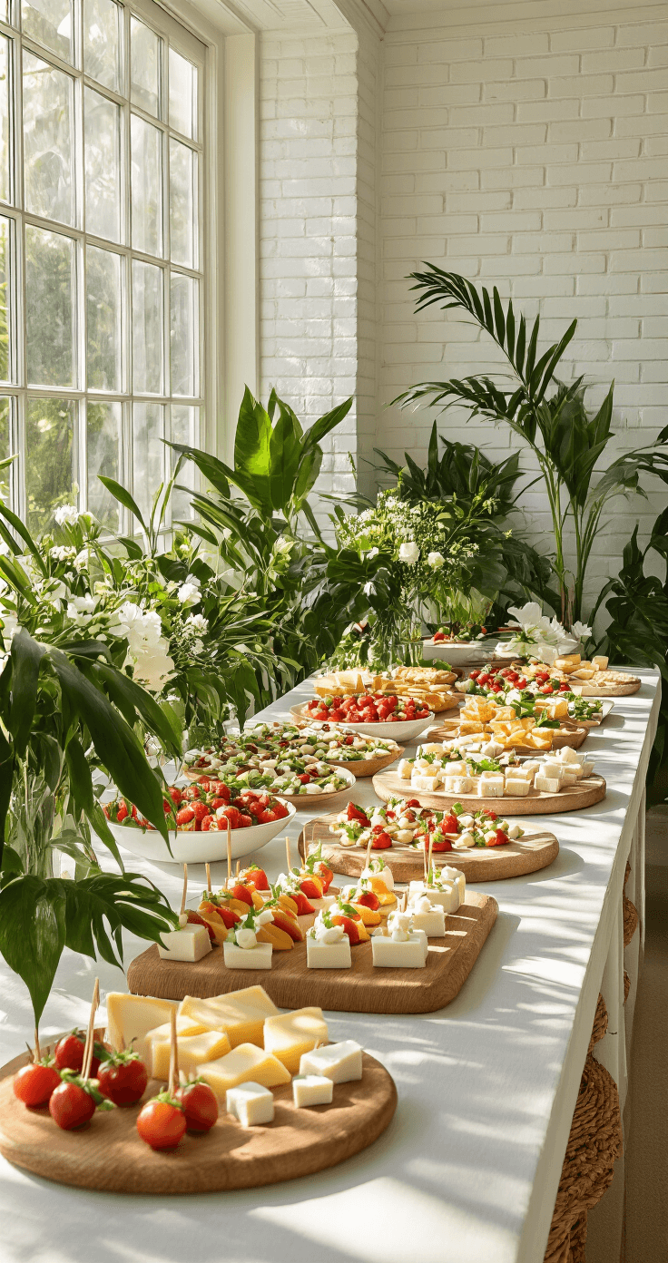 A sunlit conservatory with white brick walls, showcasing a 10-foot grazing table adorned with Mediterranean appetizers like caprese skewers and cheese truffles, surrounded by tropical plants and floral accents, captured at golden hour with soft shadows and rim lighting.