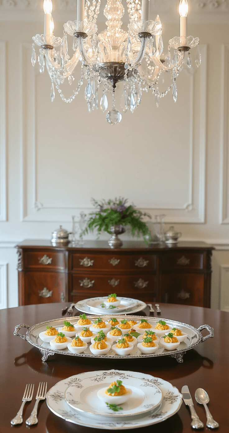 Victorian-style dining room featuring an ornate mahogany sideboard with elevated deviled eggs on antique silver platters, garnished with micro greens and edible flowers, under a crystal chandelier with jewel-toned decor, captured at plate level with bokeh effect.