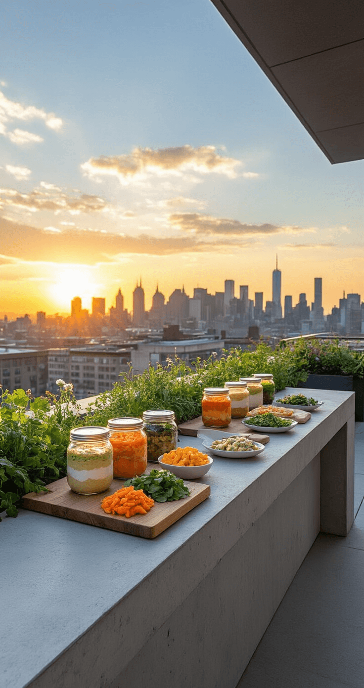 A contemporary rooftop terrace at sunset featuring a minimalist concrete bar with mason jar stations filled with layered dips and crudités, surrounded by an urban skyline. Golden hour light reflects off glass elements, enhancing the organic food presentation, while fresh herbs and flowers soften the industrial materials. The wide angle shot captures the tranquil ambiance of the space.