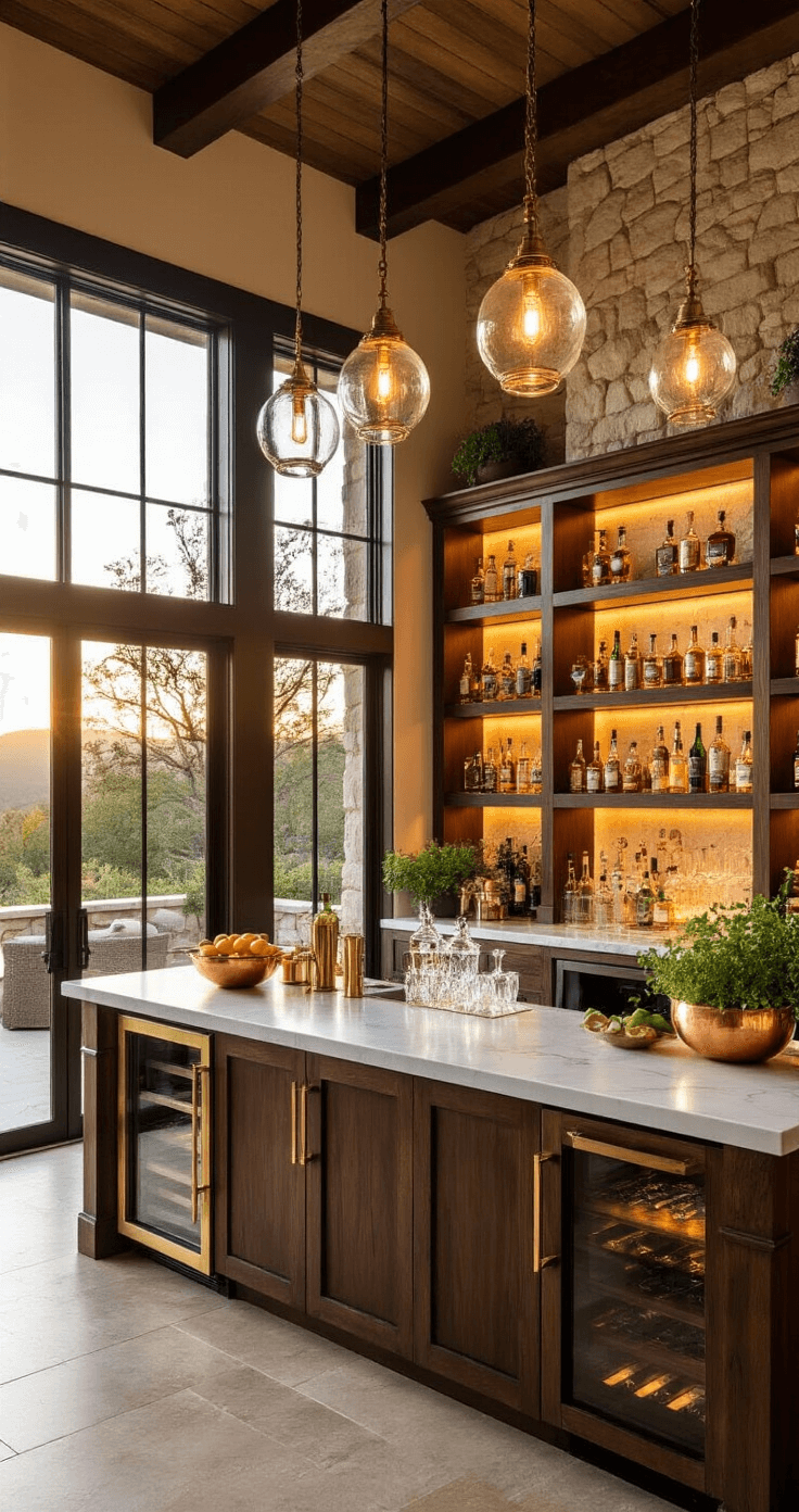 A luxurious cocktail station in a great room with 20-foot ceilings, featuring floor-to-ceiling windows, a custom wood bar with brass accents, crystal decanters, and terracotta herb pots, all illuminated by warm golden hour light and sunset views.