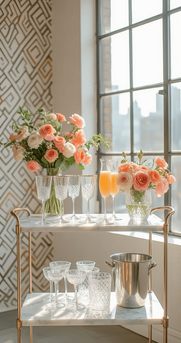 An intimate DIY mimosa bar in a modern loft, featuring a white marble bar cart with vintage champagne coupes, crystal carafes, and silver ice buckets, adorned with blush and coral flowers in mercury glass vases, all illuminated by natural morning light from large industrial windows, against a backdrop of geometric wallpaper.