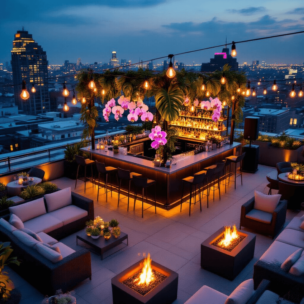 An upscale rooftop cocktail reception at dusk featuring sleek lounge furniture, a central bar with an orchid and monstera leaf garland, Edison bulb string lights, modern fire pits, and high-top tables with succulent gardens, all set against a backdrop of city lights in a chic color scheme of charcoal grays, whites, and electric blue.