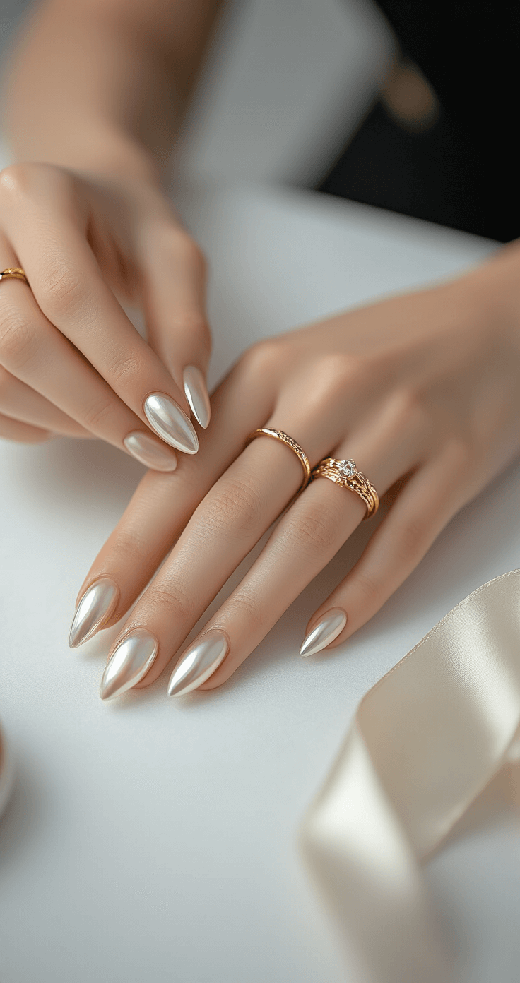 Close-up of elegantly manicured pearlescent wedding nails in a modern nail salon, featuring chrome-finished almond shapes, gold rings, and a silk ribbon, set against a minimalist white background with professional beauty lighting.