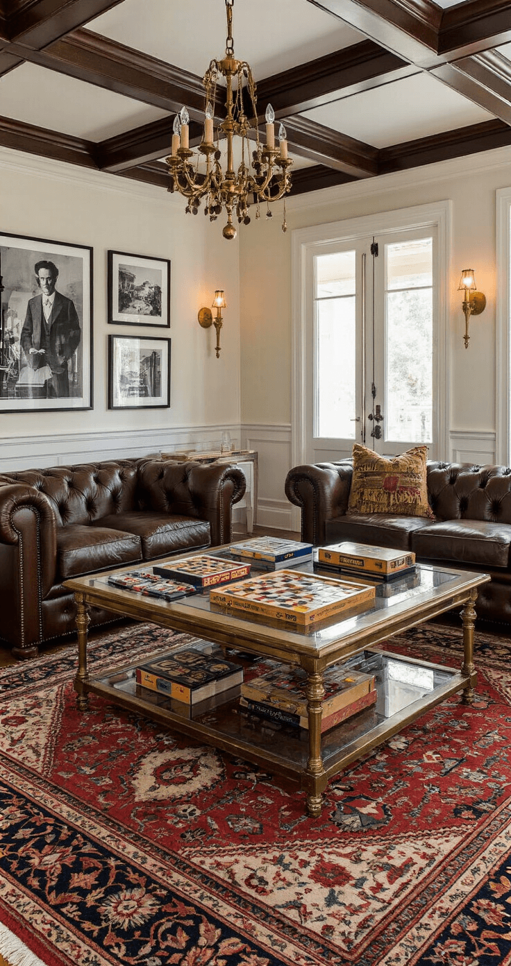 A vintage-inspired game room corner featuring coffered ceilings, a leather Chesterfield sofa, an oversized brass and glass coffee table with classic board games, a gallery wall of black and white photography, an Oriental rug, and warm ambient lighting.