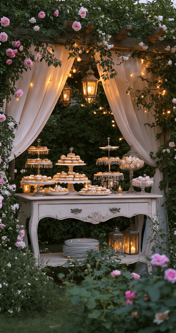 A beautifully arranged garden party dessert station at twilight, featuring a 20-foot pergola adorned with cafe lights and flowing white fabric, tiered cake stands with petit fours on an antique console table, surrounded by climbing roses and jasmine, with mixed metal lanterns casting warm ambient light, captured through foreground florals for a dreamy effect.