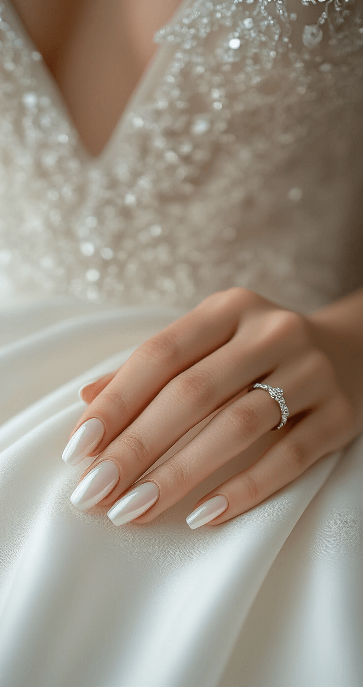 A close-up of a modern French manicure with gradient pearl white tips, beautifully displayed against luxurious wedding gown fabric in a contemporary bridal boutique setting. The image features clean styling, geometric elements, minimal jewelry, and is illuminated with bright, even studio lighting.