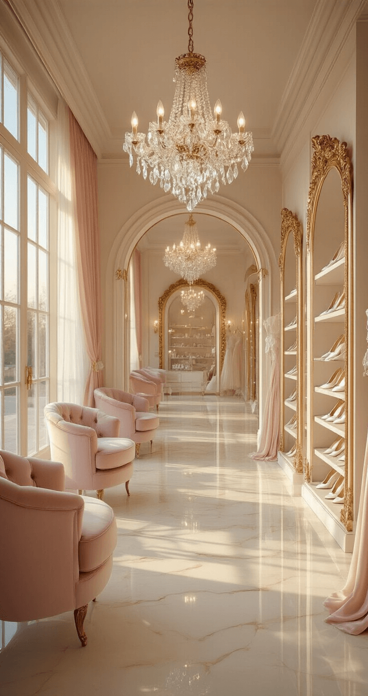 Interior of a bridal boutique shoe salon with warm golden hour light filtering through floor-to-ceiling windows, illuminating cream marble floors and delicate displays of classic white pumps and satin heels with crystal embellishments, surrounded by plush blush pink seating and ornate gold-framed mirrors.