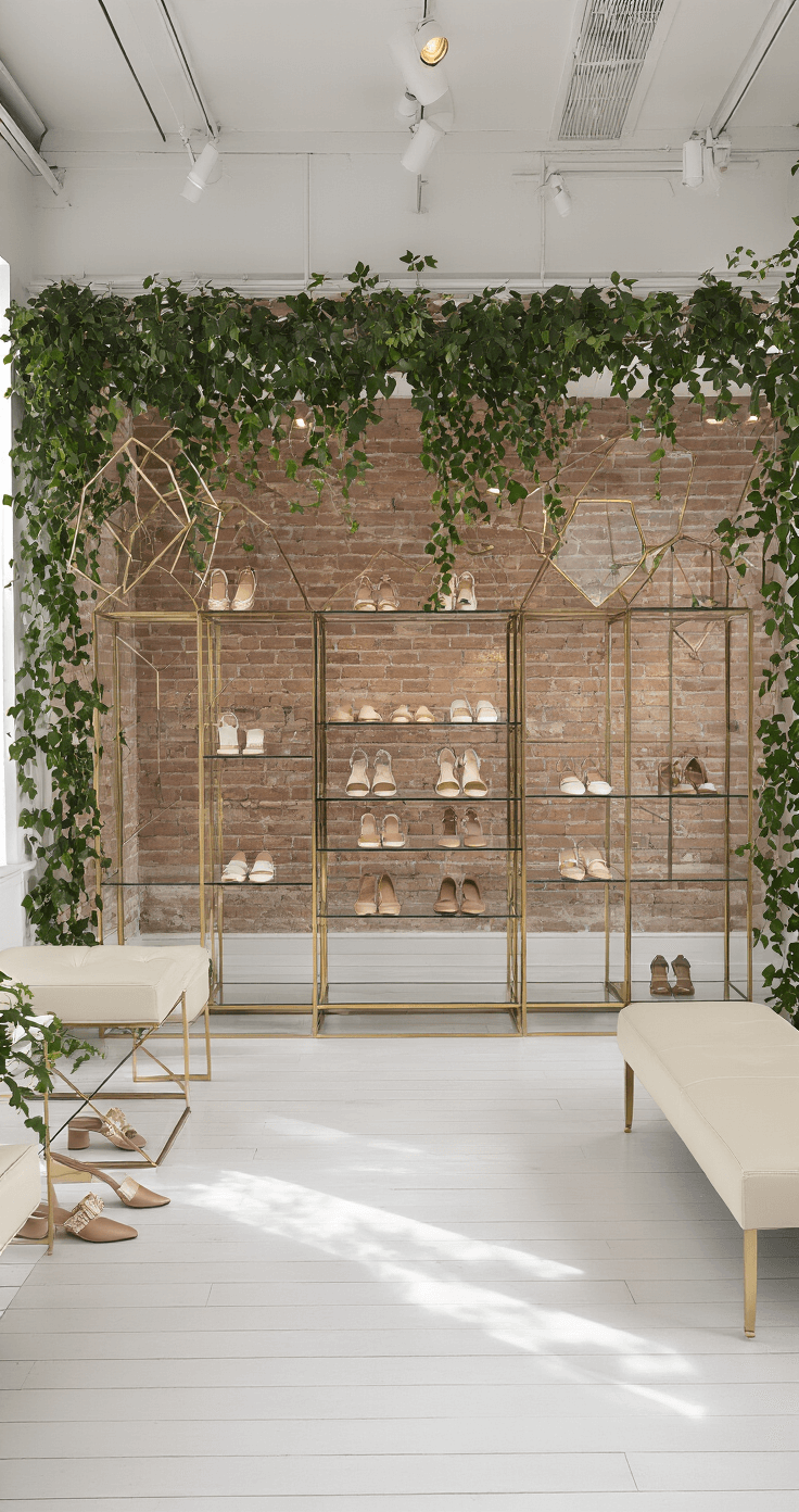 A modern bridal accessories showroom featuring exposed brick walls, white-washed wooden floors, and minimalist glass shelving displaying bridal flats, all illuminated by morning light and accentuated with brass lighting and geometric mirrors.