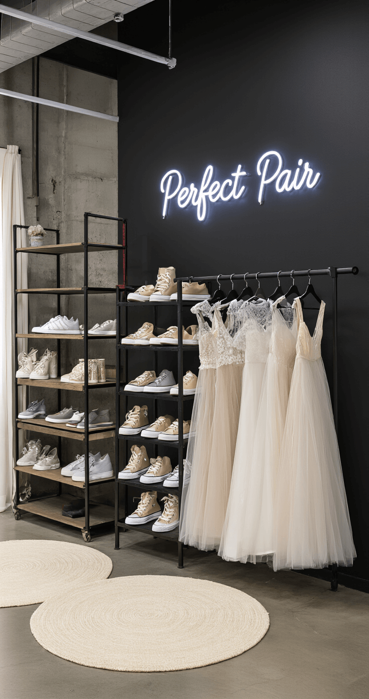 A contemporary wedding boutique corner featuring a matte black accent wall with a neon 'Perfect Pair' sign, industrial metal racks holding trendy bridal sneakers and tulle dresses, and circular ivory rugs over concrete floors, captured at a 45-degree angle.