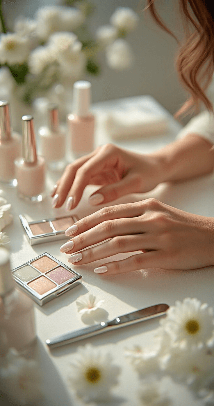 A wide shot of a luxurious bridal nail preparation setup in a high-end salon, featuring premium nail tools, pearlescent polishes, and scattered white flowers, with hands showcasing multiple angles of a finished manicure under professional beauty lighting and atmospheric haze.