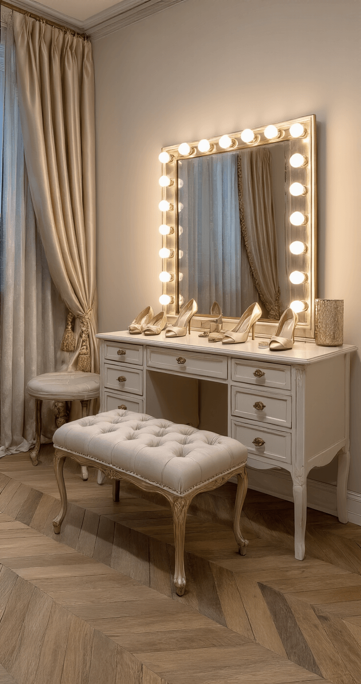 A luxurious bridal fitting area at dusk, featuring herringbone hardwood floors, antiqued brass fixtures, a vintage-inspired vanity with an illuminated mirror, a display of color-coordinated shoes, champagne silk curtains, ivory tufted seating, and mercury glass accents, captured from a low angle to highlight the shoe details in soft lighting.