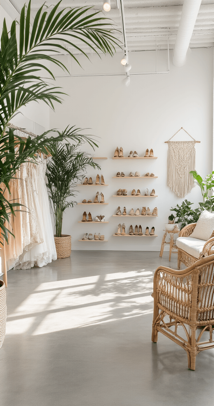 Bright bridal showroom featuring a spacious open layout with polished concrete floors and white walls, showcasing mixed-price-point shoes on floating shelves, complemented by potted palms, rattan furniture, and macramé wall hangings for a bohemian style.