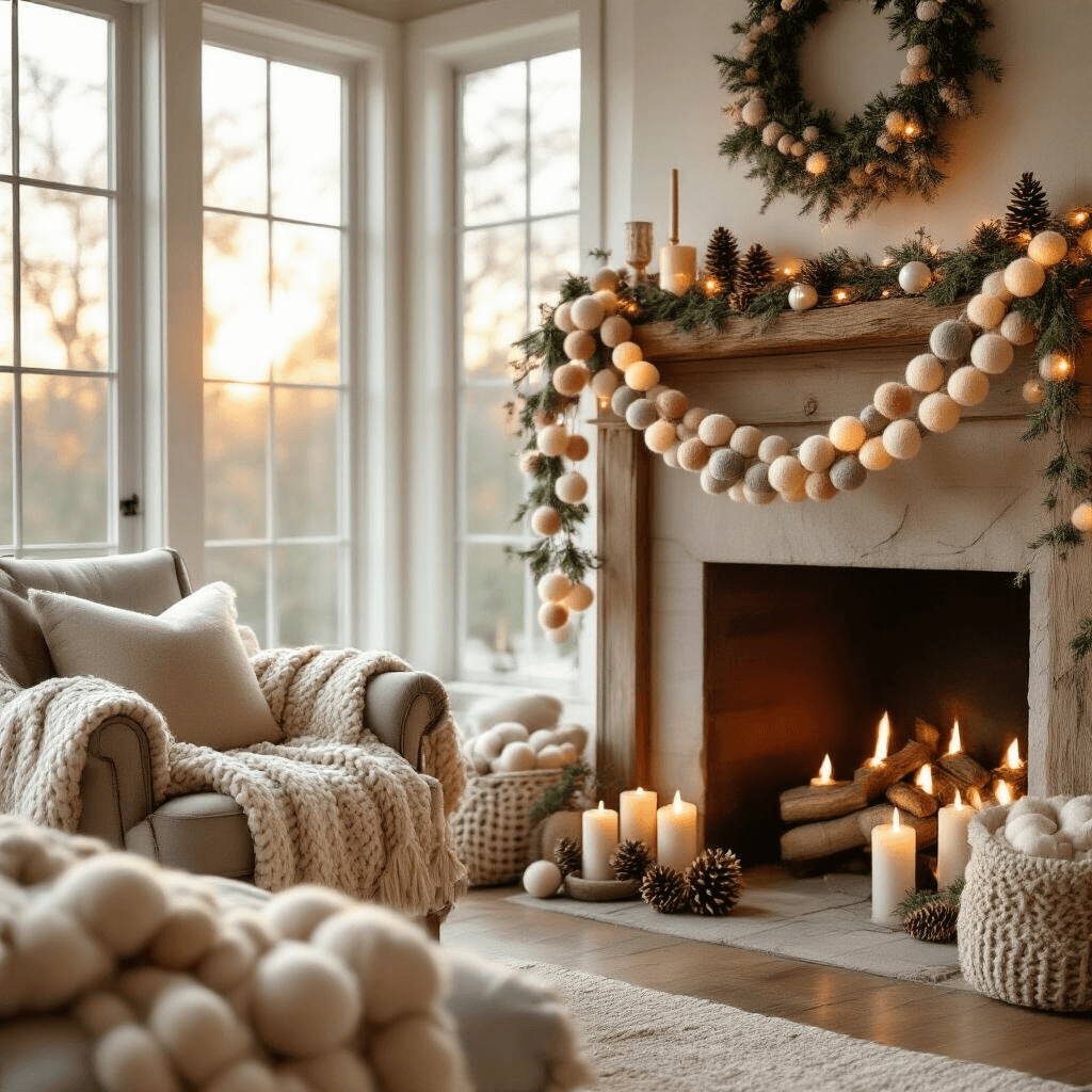 A cozy living room with golden hour light, featuring a felt ball garland in cream, blush pink, and sage green draped over a rustic wooden mantle, paired with fairy lights, pinecones, white candles, and vintage ornaments, alongside a plush armchair with a chunky knit throw.