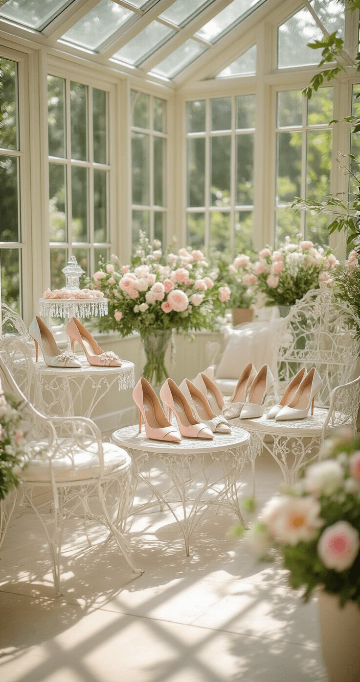 A beautifully arranged display of pastel-hued wedding shoes on white iron garden furniture in a sunlit conservatory. Fresh flowers and crystal cake stands enhance the romantic atmosphere, complemented by gossamer fabric draping over the pale limestone flooring.
