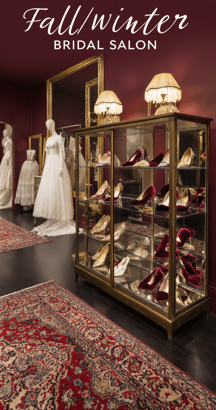 Intimate bridal salon corner with dark hardwood floors and deep burgundy walls, showcasing velvet and satin shoes on illuminated glass shelves, surrounded by vintage Persian rugs, brass floor lamps, and antique mirrors reflecting warm light.