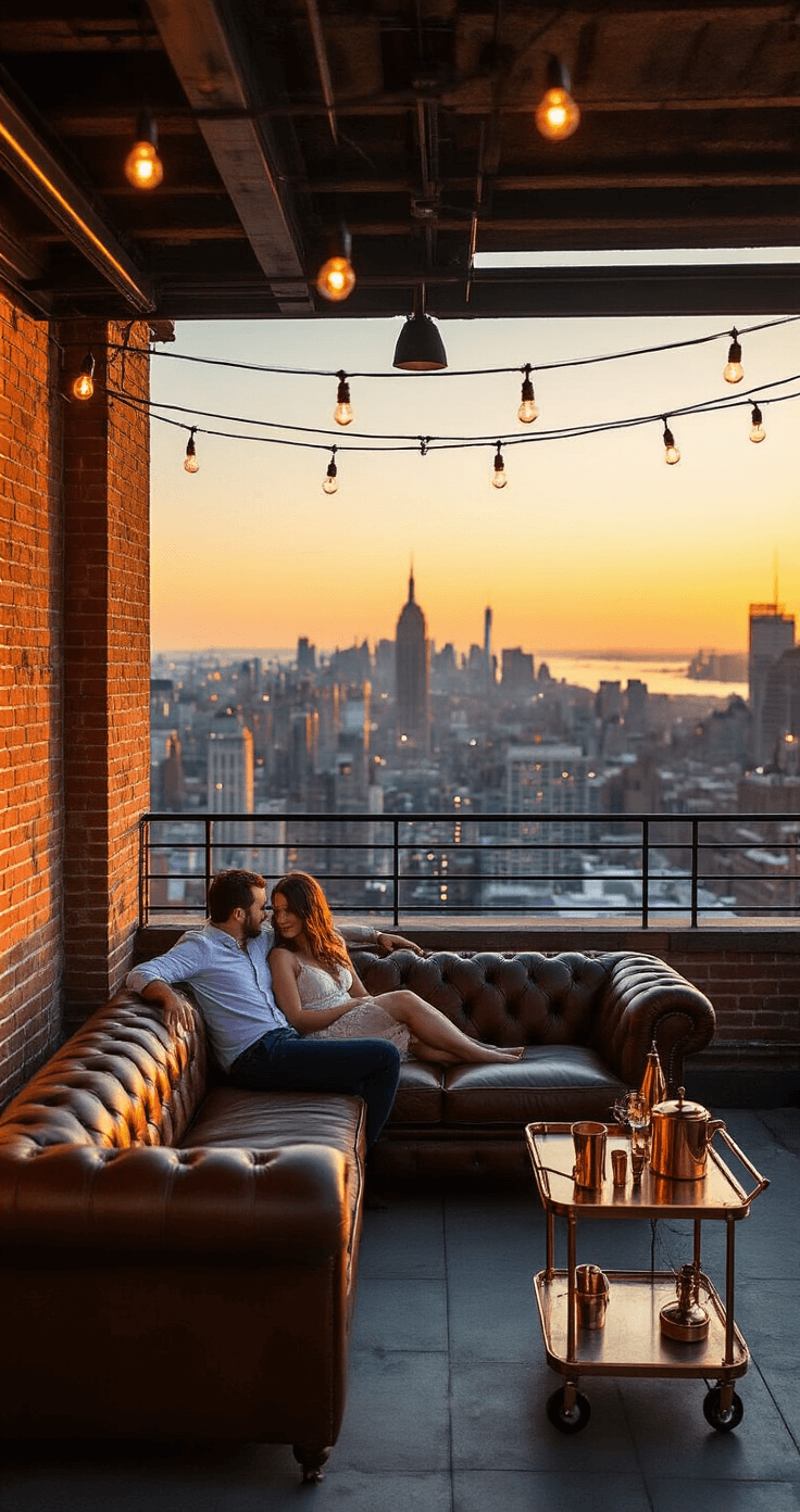 A couple lounges on a vintage leather Chesterfield sofa on an industrial rooftop terrace at golden hour, surrounded by exposed brick walls and metal railings, with a dramatic city skyline in the background. Warm string lights hang overhead, and a modern cocktail cart with copper accents is nearby. The shot is from a slightly elevated angle, capturing the bustling cityscape with a soft bokeh effect on distant buildings, while golden rim light emphasizes the couple against a rich palette of sunset oranges and deep browns.