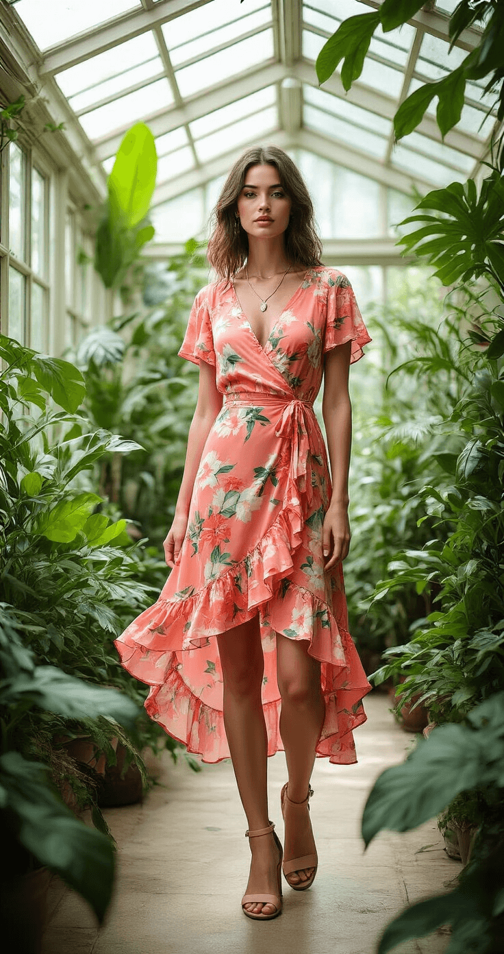 Model in a coral floral print wrap dress with ruffle hem, standing in a light-filled conservatory surrounded by tropical greenery, natural light casting dappled effects on the dress, paired with nude block heel sandals and layered necklaces.