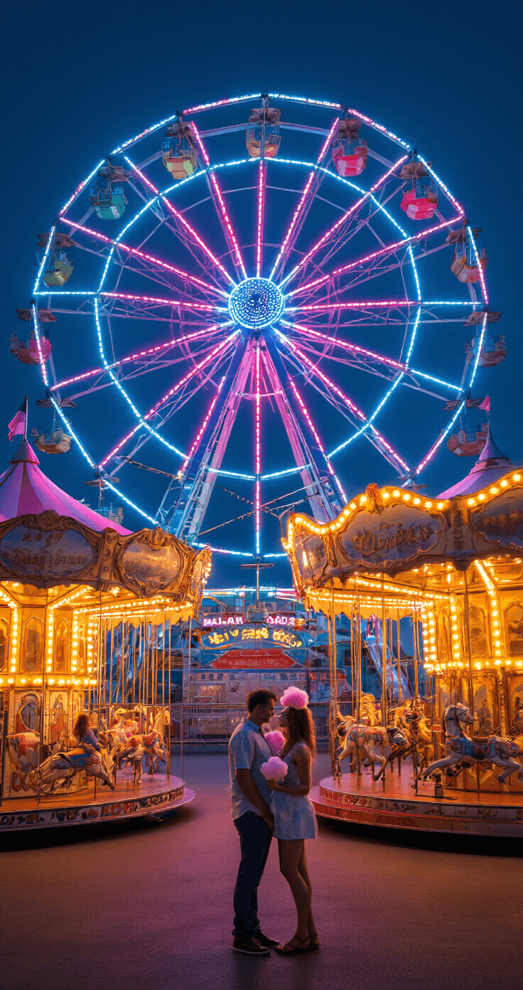 A vibrant evening scene at a local carnival featuring a glowing Ferris wheel and a couple sharing cotton candy near a vintage carousel, with neon signs reflecting off chrome surfaces, illuminated by various light sources in electric blues, candy pinks, and golden yellows, captured from a ground-level perspective to emphasize the scale of the rides with slight motion blur on the rotating attractions.