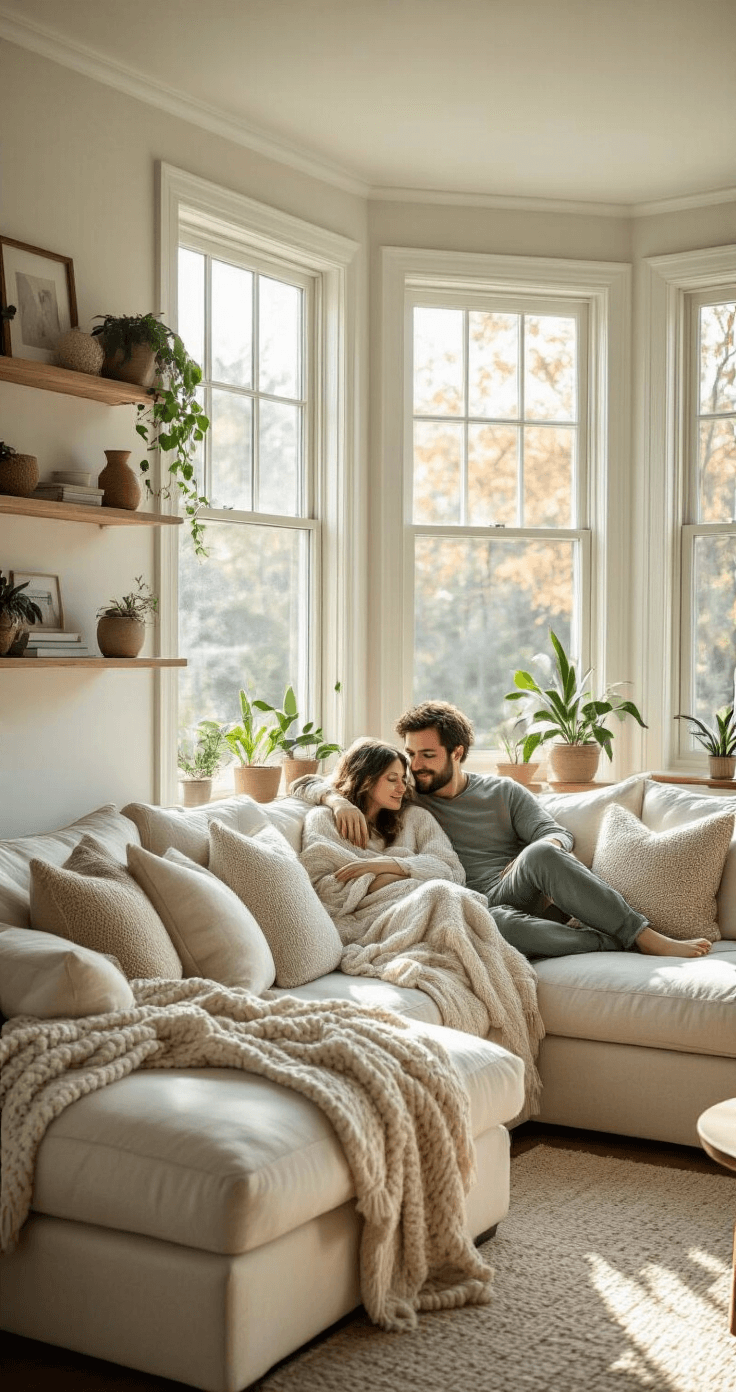 A sunlit living room featuring a cozy couple on an oversized cream linen sectional, surrounded by textured pillows and chunky knit blankets, with bay windows casting geometric shadows. Personal mementos and potted plants adorn floating shelves, all in soft whites, warm grays, and sage green accents.