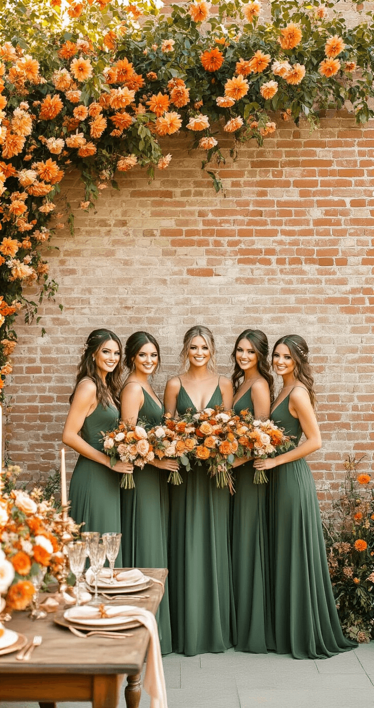 A sunlit autumn wedding setup with bridesmaids in hunter green silk dresses, vibrant tangerine dahlias, and copper-toned wildflowers against a vintage brick wall, featuring crystal champagne glasses on a wooden table, intricate lace details, velvet ribbons, and rose gold accessories, captured in a dreamy halo effect.