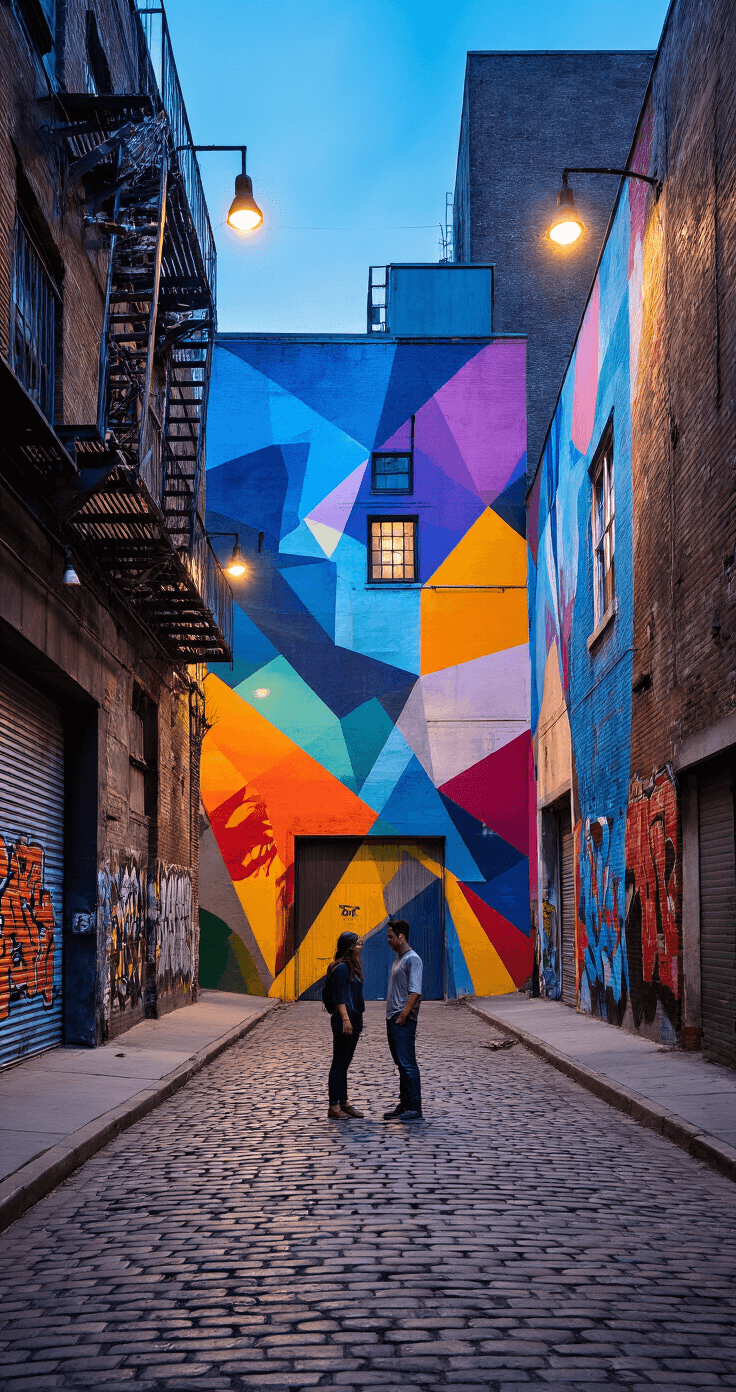 Couple standing in a wide cobblestone alley, flanked by towering geometric murals, with industrial steel doors and fire escapes in the backdrop; the scene is illuminated in early evening blue hour lighting, showcasing vibrant mural colors against urban grays and rustic brick, emphasizing the scale of the art with dramatic side lighting highlighting wall textures.