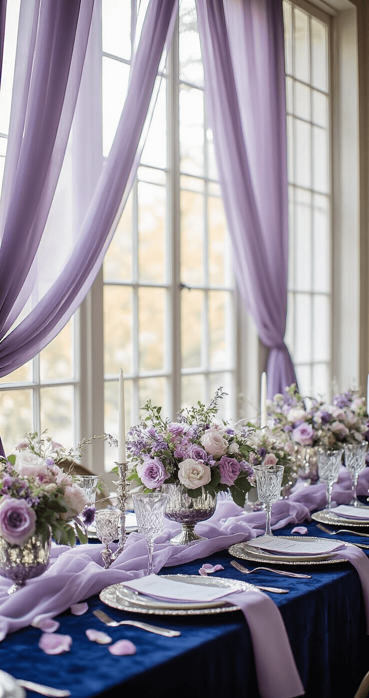 A romantic indoor venue with navy blue velvet tablescapes, lavender chiffon drapes, and silver mercury glass centerpieces, as bridesmaids in lavender silk arrange flowers in vintage crystal vases, all illuminated by soft afternoon light filtering through tall windows.