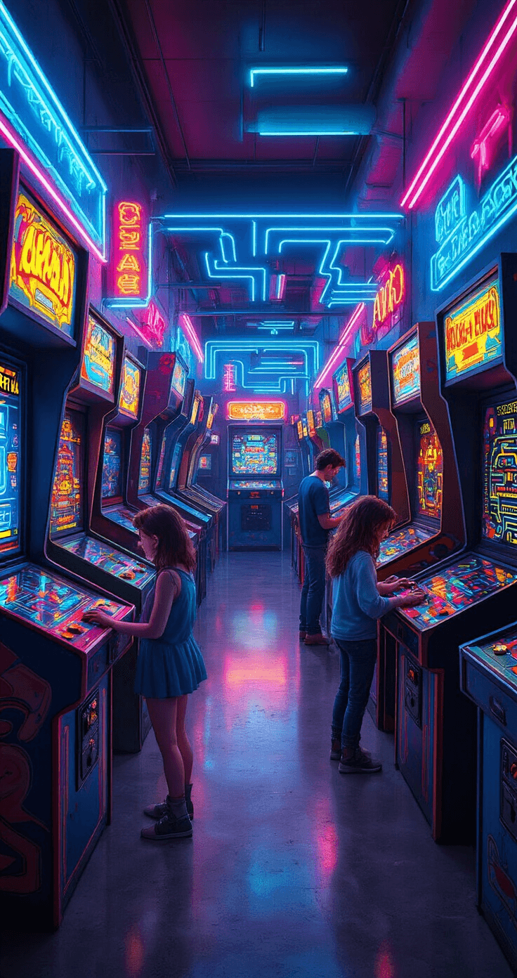 A vibrant retro gaming arcade with classic cabinets, featuring a couple playing Pac-Man amid an ambient glow from multiple screens. The polished concrete floors reflect neon signage, creating a cyber-punk atmosphere with electric blues, hot pinks, and acid greens in a maze-like layout.