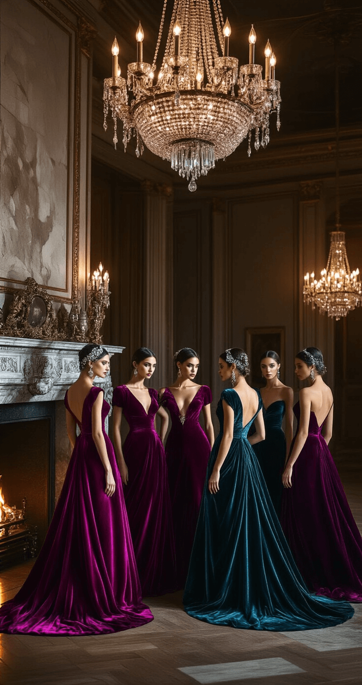 A dramatic ballroom at dusk features models in jewel-toned velvet gowns, gathered around a marble fireplace, illuminated by crystal chandeliers. Their elaborate beaded headpieces and art deco jewelry shimmer in the soft light, showcasing rich textures of crushed velvet, silk charmeuse, and metallic embroidery.
