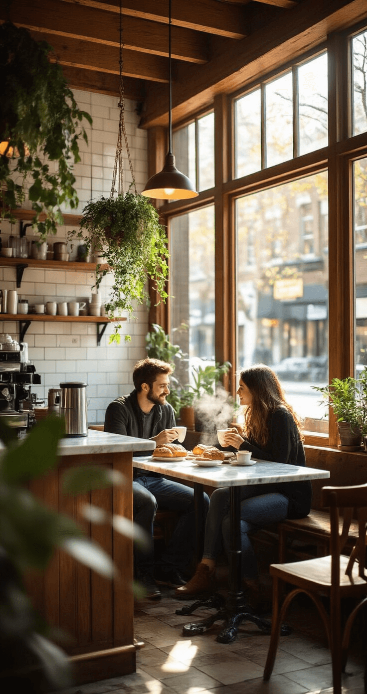 A cozy corner café bathed in morning light, featuring exposed wooden beams and hanging plants. A couple enjoys pastries at a marble bistro table while coffee steam rises. The perspective is from the barista counter, highlighting the warm wood, crisp white, and deep espresso brown color palette.
