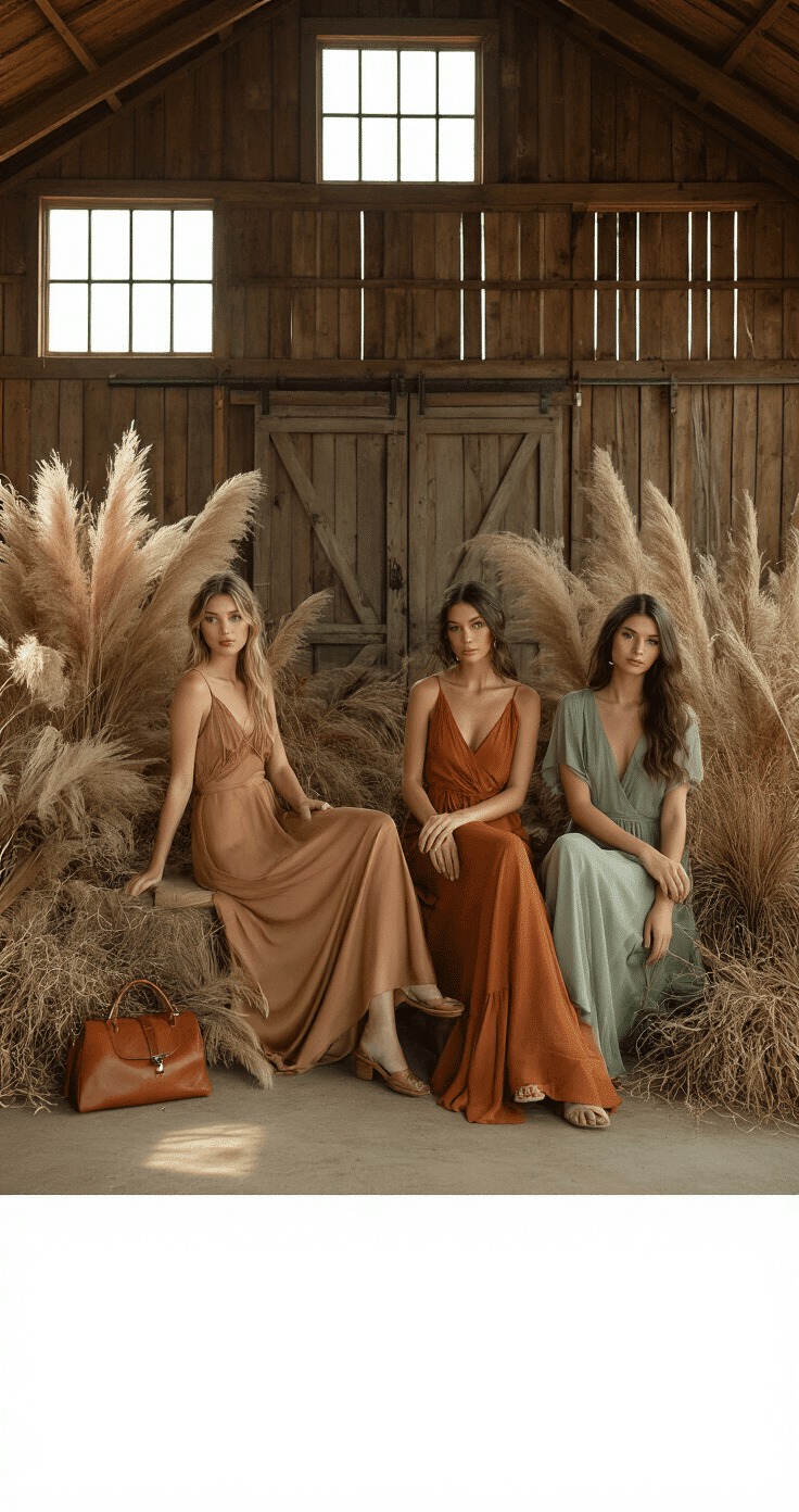 A rustic barn interior illuminated by natural light features models in flowing earth-toned dresses surrounded by pampas grass and wooden elements, complemented by vintage leather accessories and handmade ceramics, all captured with a 24mm lens.