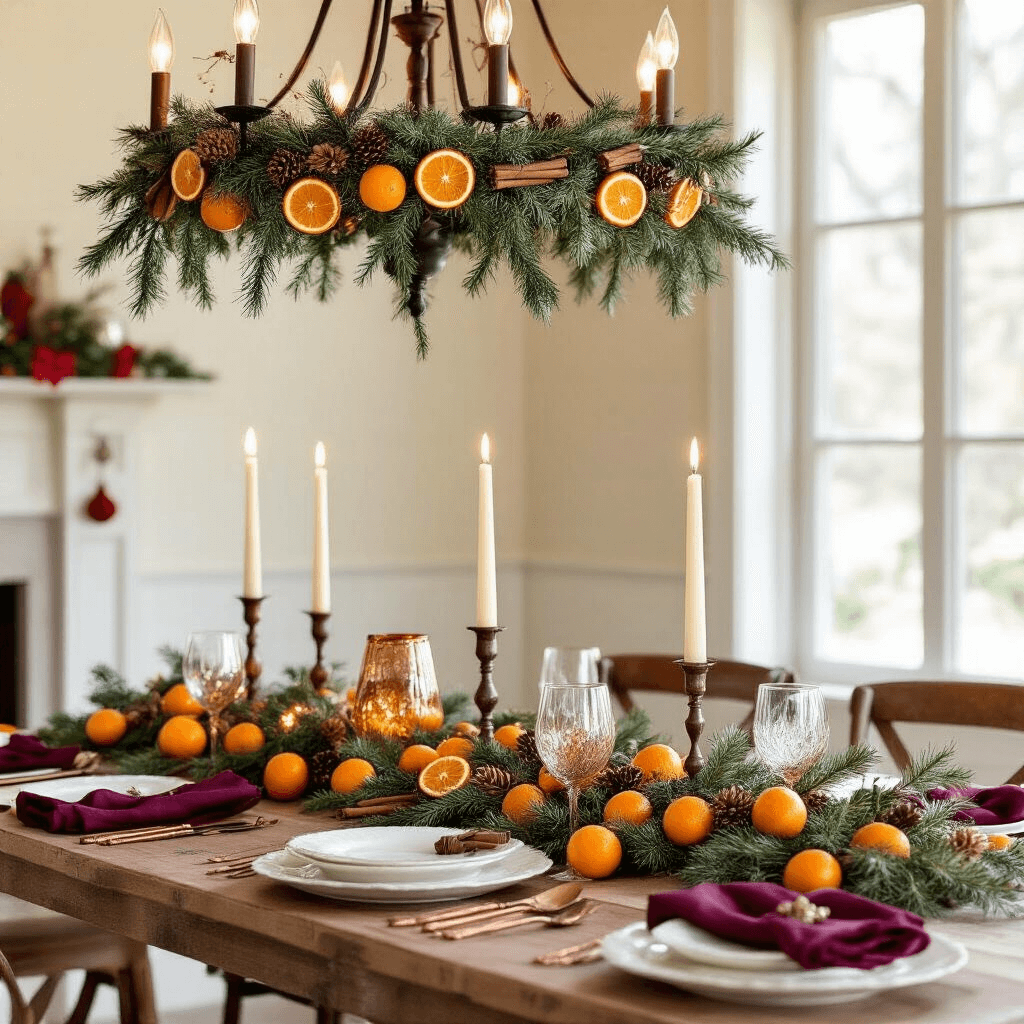 A festive dining nook featuring a farmhouse-style table adorned with a handcrafted dried fruit garland, candle holders, white ceramic plates, burgundy linen napkins, and copper cutlery, illuminated by a wrought iron chandelier, against cream-colored walls with holiday artwork.