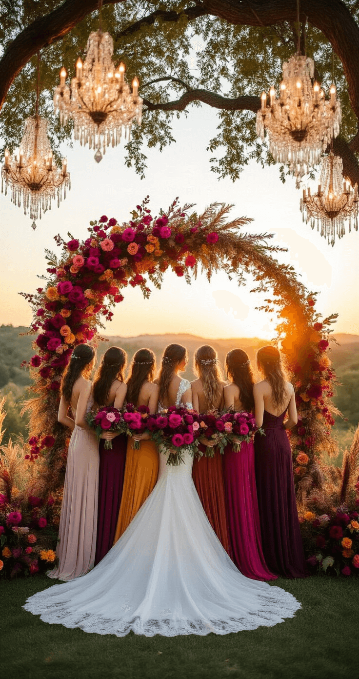 A sunset ceremony setup with a floral arch of magenta roses and burgundy dahlias, adorned with copper-toned foliage. Bridesmaids in graduated jewel-toned dresses stand beneath crystal-draped chandeliers hanging from tree branches, illuminated by golden light and sun flares.