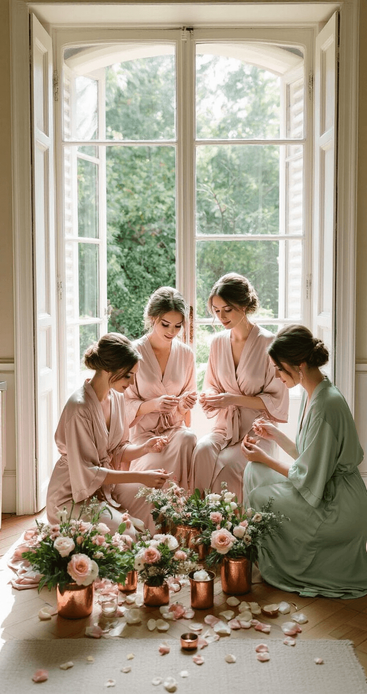 Elegant getting-ready suite with French doors to a garden, models in blush and sage robes arranging flowers in copper vessels, vintage mirrors reflecting light across silk dresses and rose petals, captured in intimate documentary-style shots.