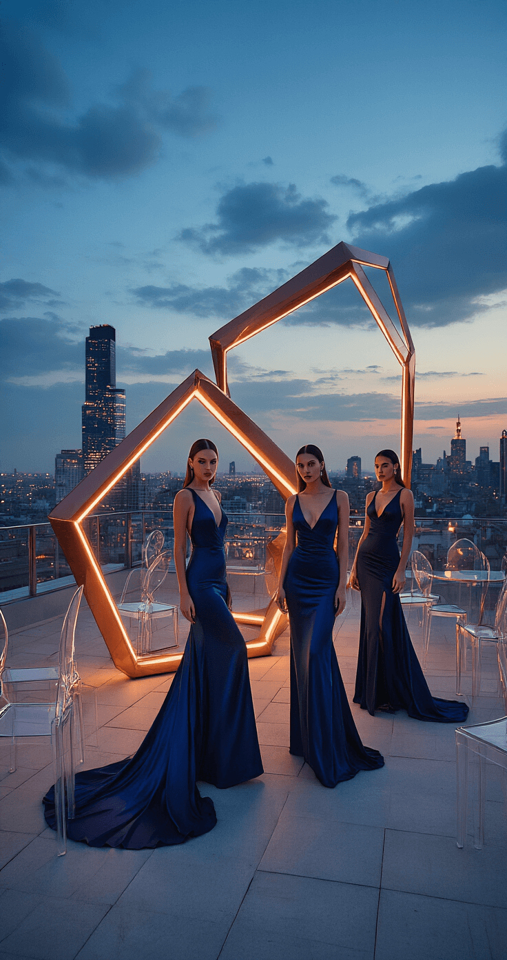 A contemporary rooftop venue at blue hour, showcasing modern geometric installations in metallic copper and navy blue, with models in sleek silk gowns in deep jewel tones posing against city lights, Lucite ghost chairs, and metal accessories.