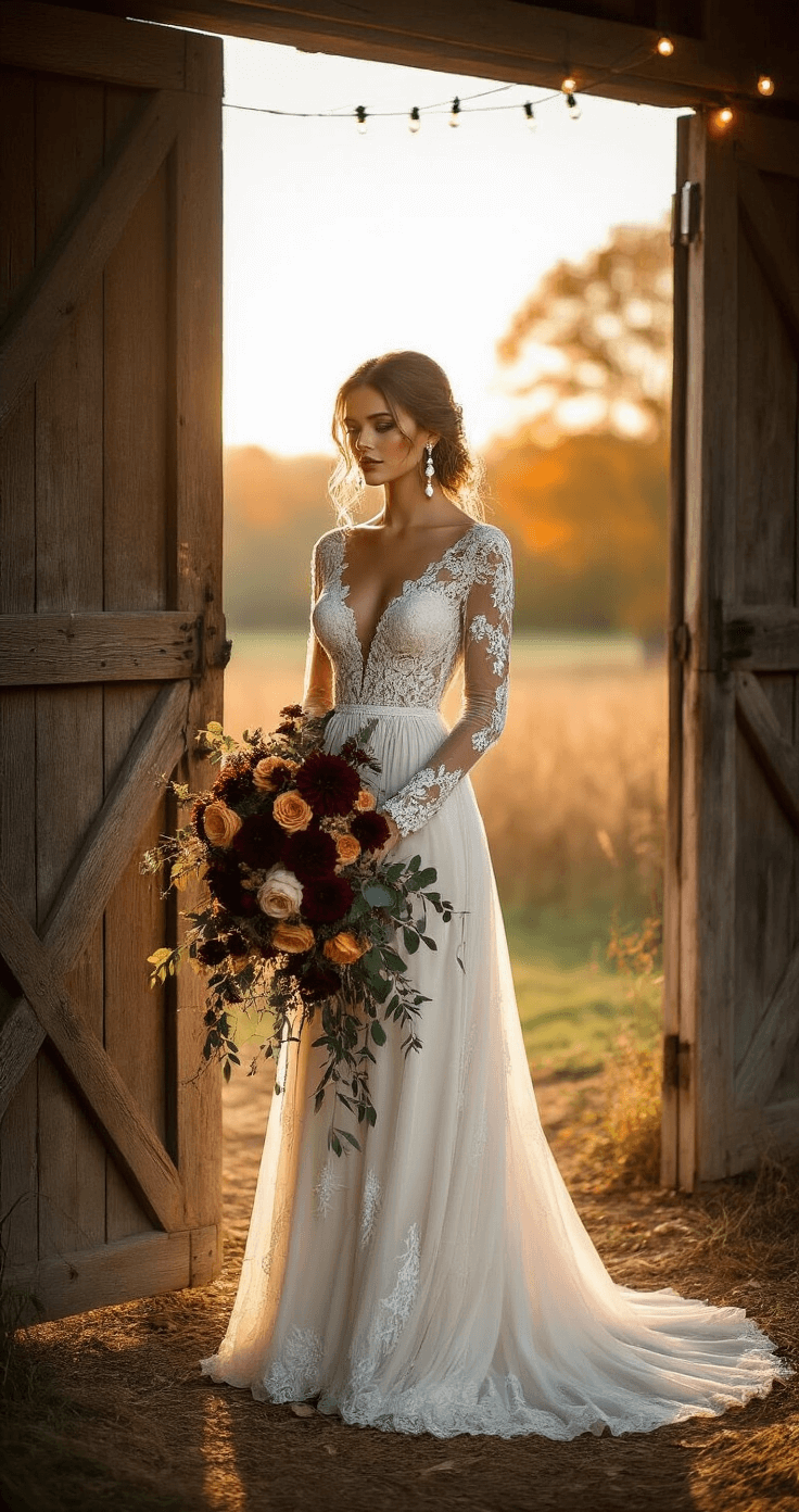 A bride in a long-sleeve ivory lace gown stands near wooden barn doors, illuminated by golden hour light. She holds a bouquet of deep burgundy dahlias and burnt orange roses, with vintage pearl earrings accentuating her loose updo. The rustic barn backdrop and twinkling string lights enhance the enchanting autumn scene.