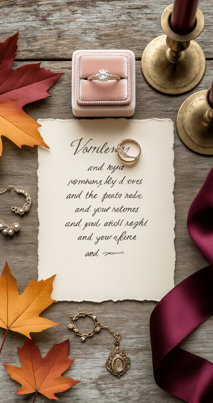 A flat lay of a blush velvet ring box with vintage-inspired rings, handwritten vows on cream paper with deckled edges, scattered amber and burgundy autumn leaves, and a deep wine silk ribbon intertwining with antique brass candlesticks and delicate jewelry, captured in soft natural light.