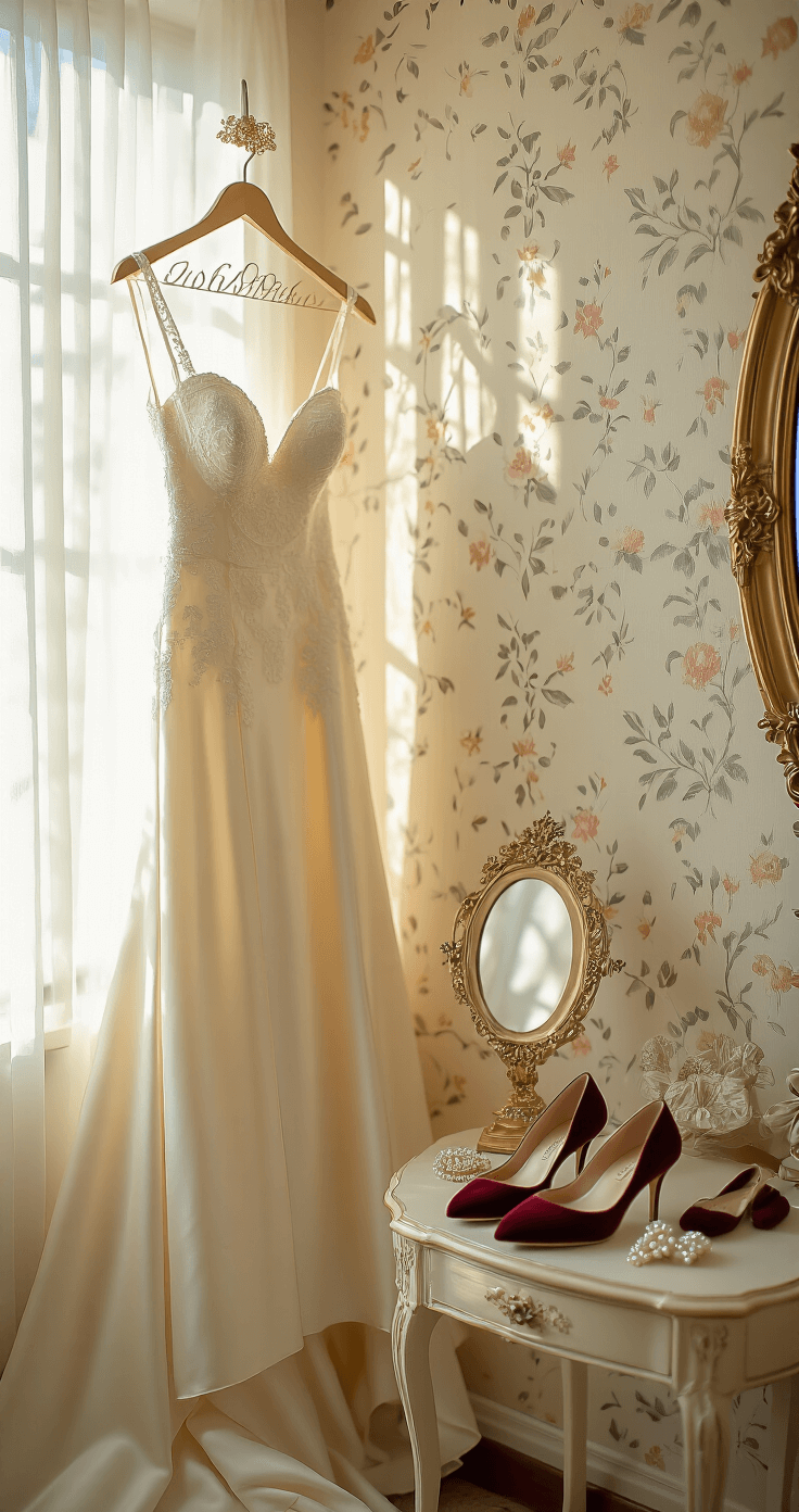 A sunlit bridal suite with a champagne silk wedding gown on a gold hanger against cream wallpaper, highlighting luxurious textures. A vintage vanity showcases pearl-studded hair clips, burgundy velvet shoes, and a family heirloom brooch, illuminated by gentle autumn morning light streaming through sheer curtains.