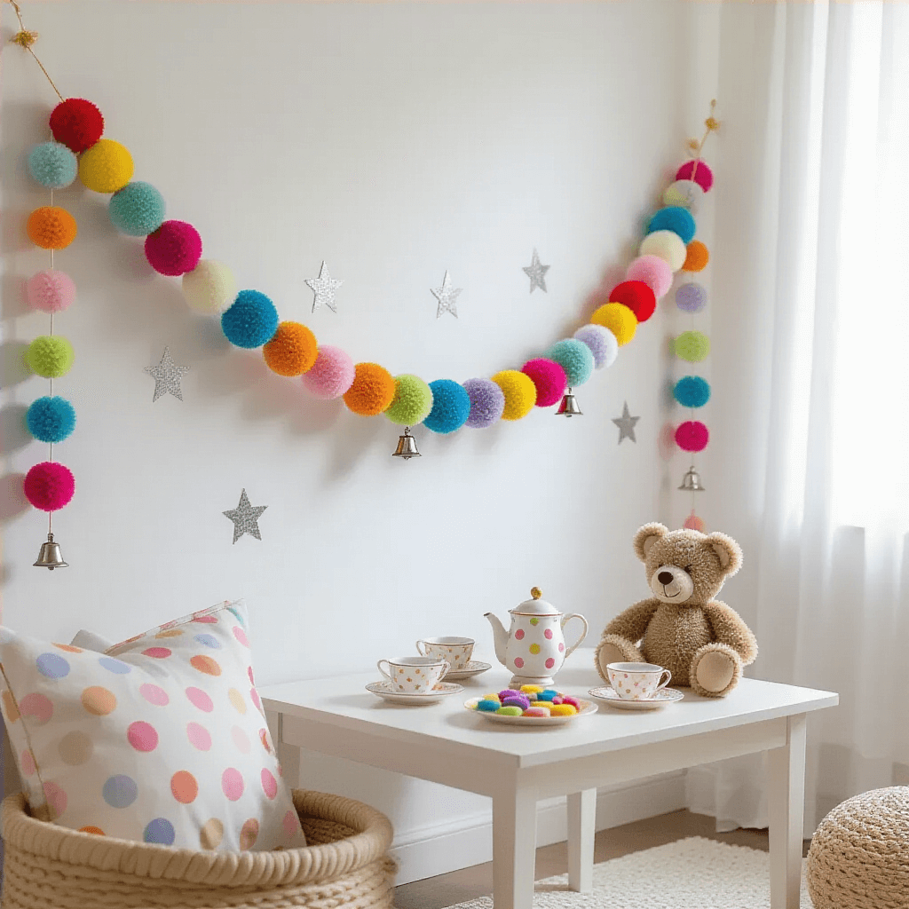 A vibrant children's playroom featuring a colorful handmade pom-pom garland on white walls, a low table set for a teddy bear tea party with polka dot teacups and colorful cookies, and soft afternoon light illuminating the scene.
