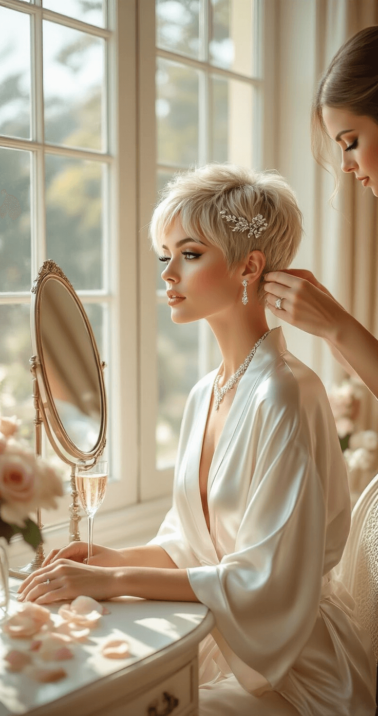 A sunlit bridal suite featuring a bride with a pixie cut at a vanity, a stylist adding pearl pins to her platinum blonde hair, surrounded by soft cream tones, rose petals, and a champagne flute. The scene captures a peaceful pre-wedding atmosphere with intricate hair details.