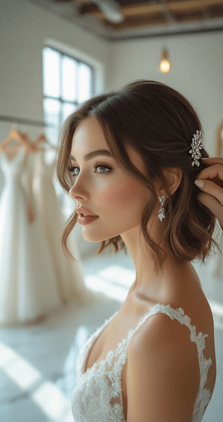 Bride with chin-length bob receiving finishing touches on romantic half-up hairstyle in a modern minimalist salon with white marble floors and brass accents, featuring a crystal-embellished hair clip. Soft waves catch sunlight from industrial windows, with designer wedding gowns in the background. Close-up on hair texture and accessory details.