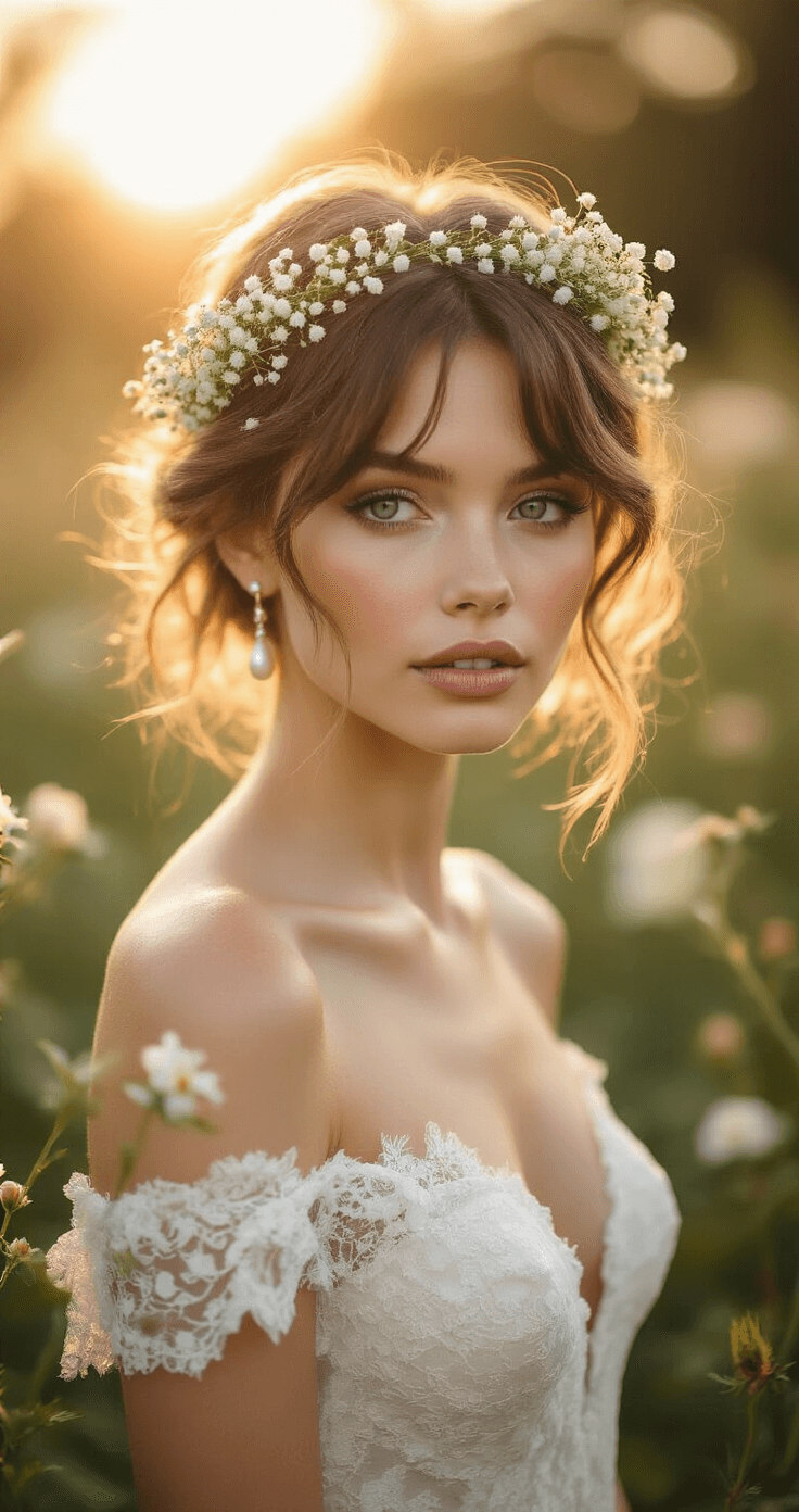 A bride with a tousled pixie cut and a flower crown stands in a Victorian garden during golden hour, wearing an off-shoulder lace gown and pearl drop earrings, bathed in ethereal backlight.