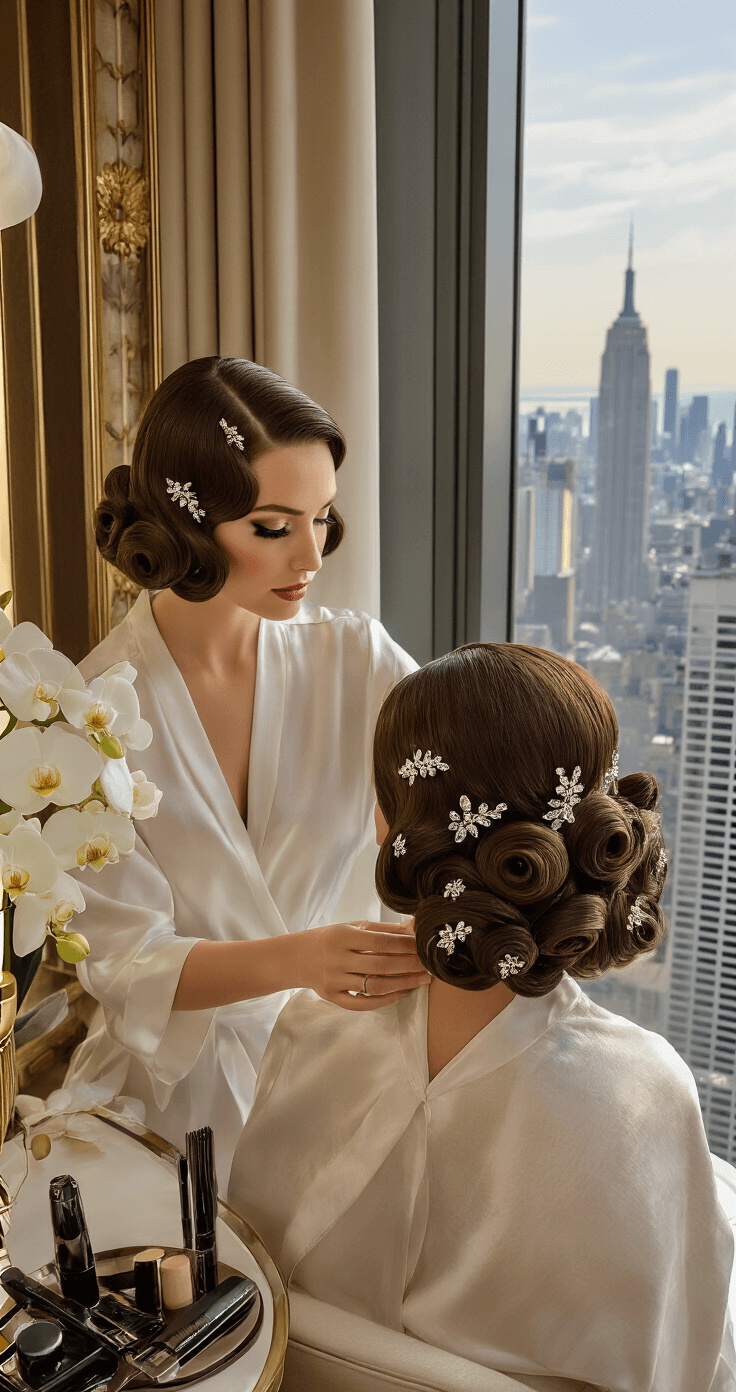 A bride with a sleek asymmetrical bob styled in vintage pin curls, adorned with crystal hair pins, prepares in a luxury hotel suite featuring art deco influences. The Manhattan skyline is visible through panoramic windows, and the elegant vanity is adorned with premium styling tools and fresh white orchids, set under dramatic side lighting.