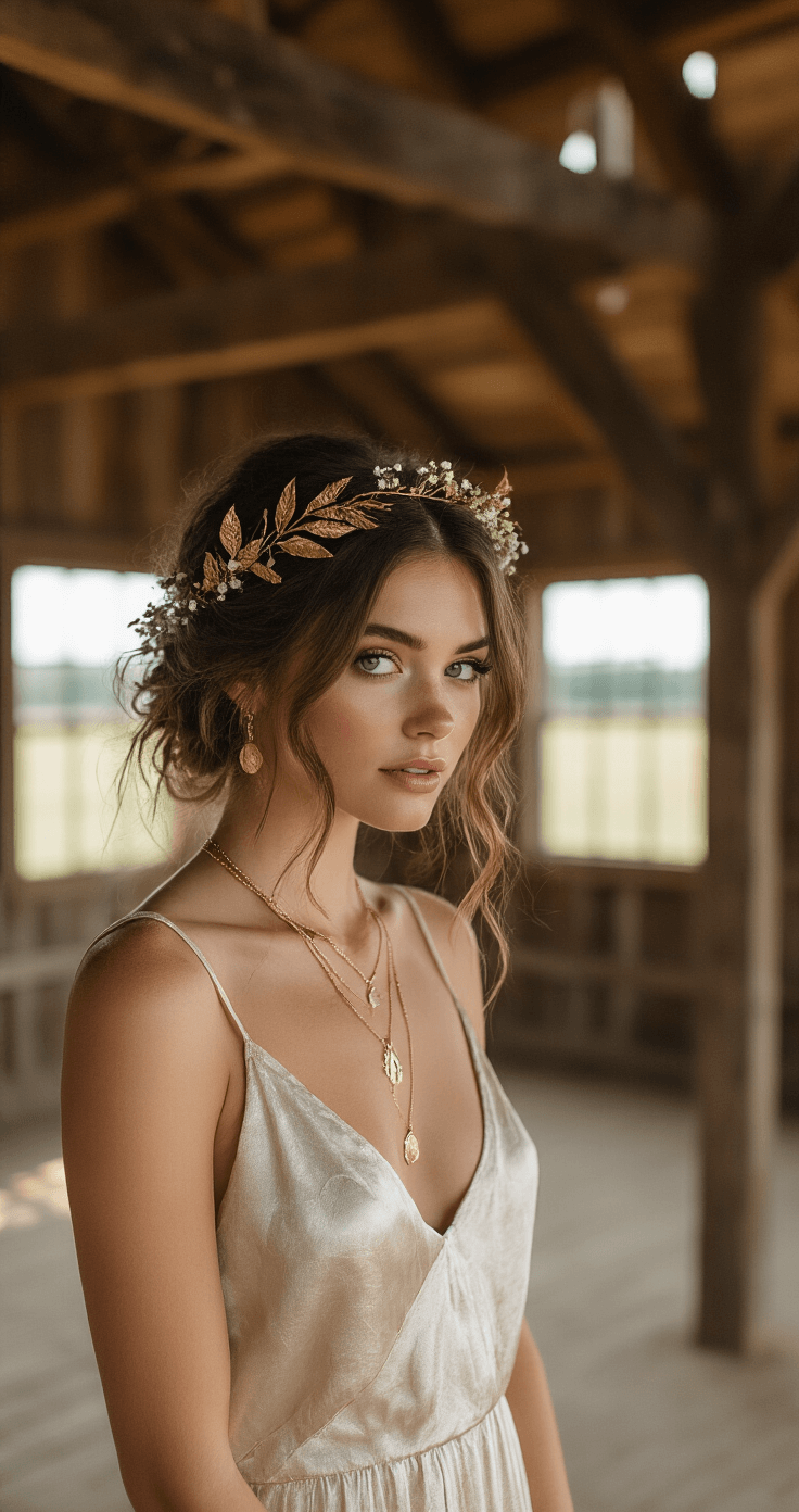 A bride with short textured shag hair adorned with wildflowers and a golden leaf crown stands in a rustic barn with exposed wooden beams, wearing a flowing silk slip dress and layered necklaces, while soft morning light filters through the windows, highlighting the intimate details of her hair and the warm earth-toned setting.