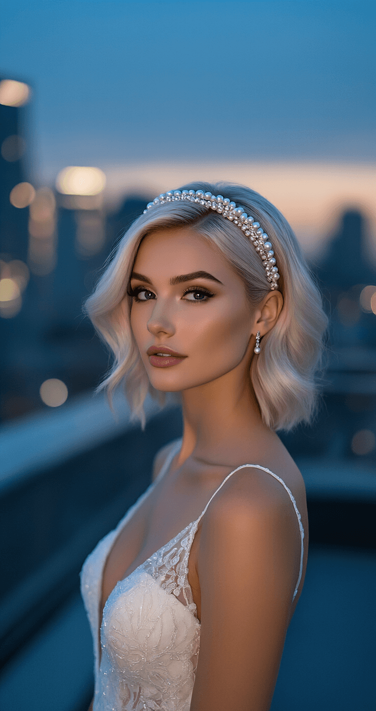 A bride with a sleek platinum blonde bob and a pearl-encrusted headband poses at a contemporary rooftop venue during blue hour, her hair swept dramatically to one side. The city lights twinkle in the background, while professional lighting highlights her hair. The image is shot from a front quarter angle, showcasing architectural elements and hair movement in a high contrast, luxury editorial style.