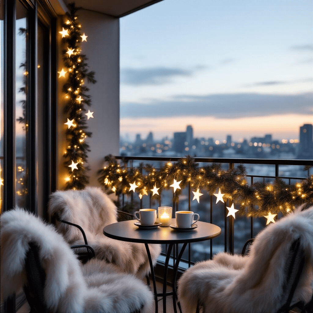 A cozy holiday nook on a modern apartment balcony, featuring a minimalist eucalyptus garland and white paper stars, twinkle lights, a small bistro table with steaming mugs of hot cocoa, and faux fur throws on sleek metal chairs, with a twinkling cityscape in the background as dusk falls.