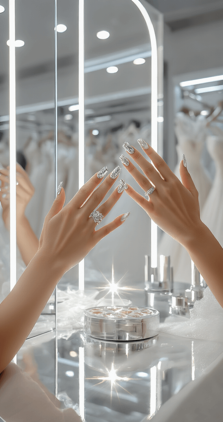 Wedding Day Nails: Your Ultimate Bridal Beauty A modern bridal boutique featuring chrome-finish nails reflecting dramatic lighting, with model hands showcasing various wedding dress fabrics against a clean, contemporary backdrop of white and mirrors.