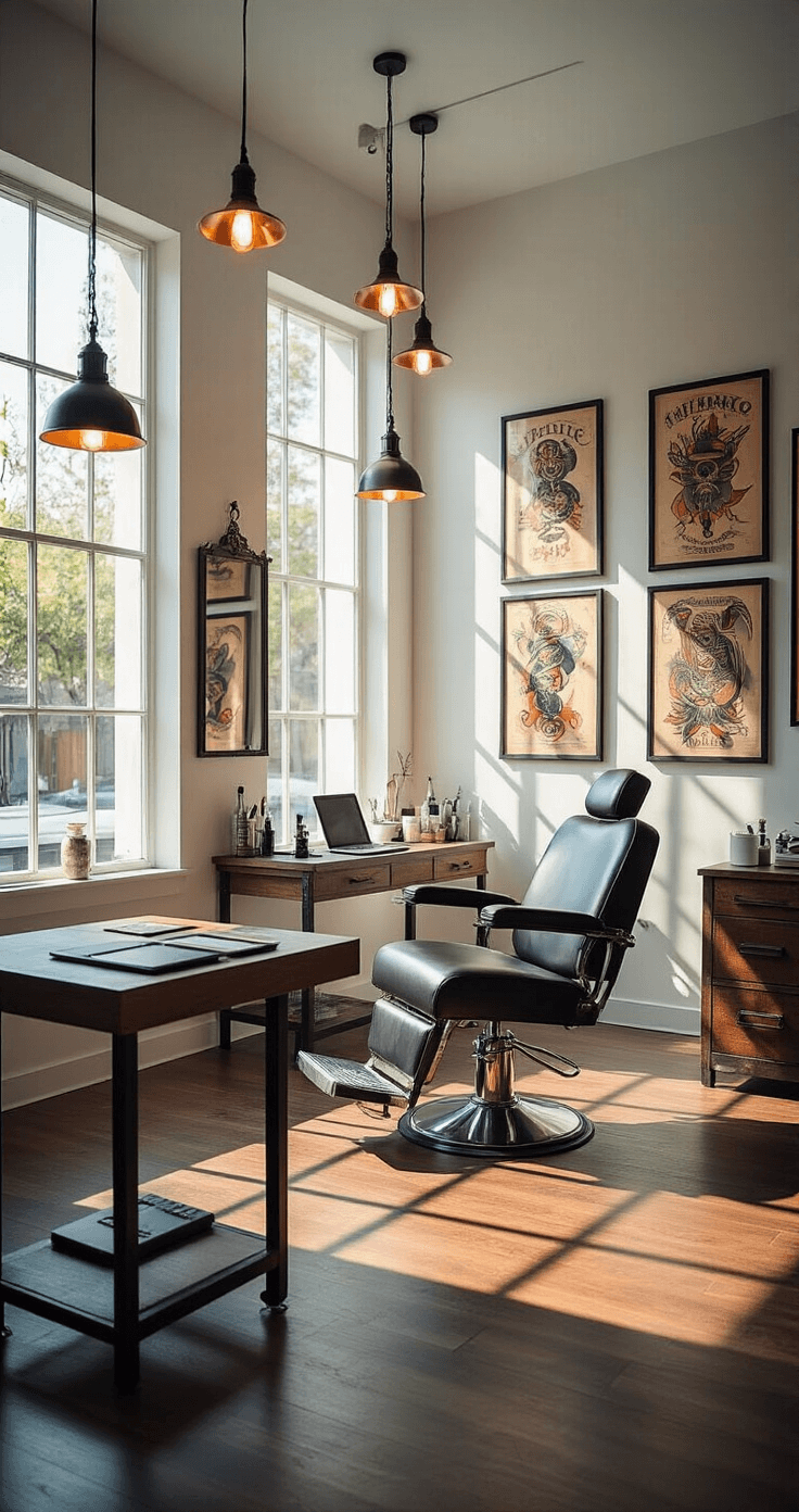 A modern tattoo studio interior featuring a minimalist design with warm afternoon light, premium leather tattoo chair, white walls adorned with flash art, an industrial vibe, and custom wood consultation table with tattoo portfolios.